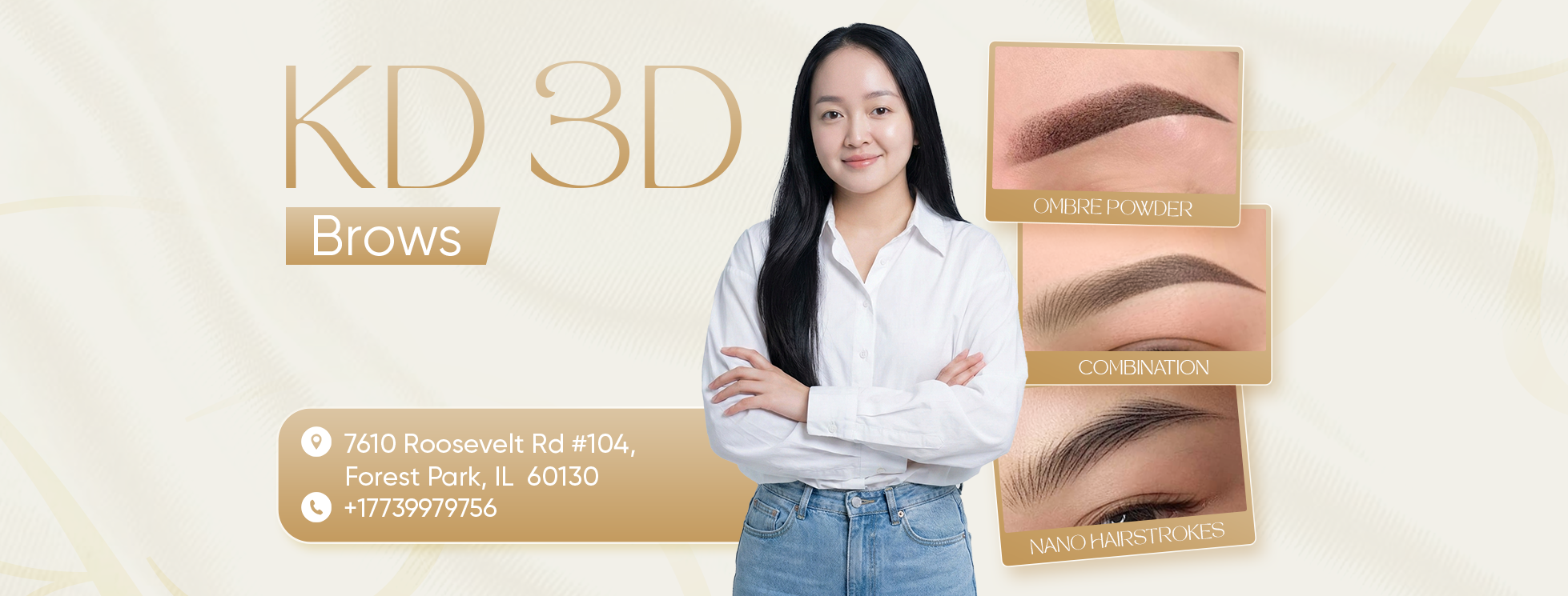 KD 3D Brows - Professional Permanent Makeup featuring Janet with examples of Ombre Powder, Combination, and Nano Hairstrokes techniques